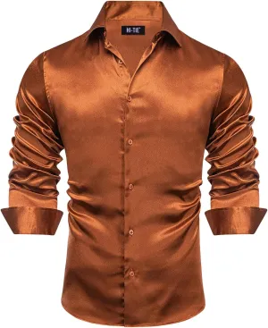 Hi-Tie Mens Long Sleeve Dress Shirt Satin Button Down Casual Prom Wedding Regular Fit Button Up Shirt