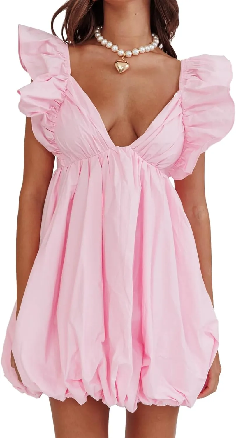 hibshaby Summer Mini Dress Deep V-Neck Babydoll Dress Bubble Dress Backless Lace Up Sexy Short Dress