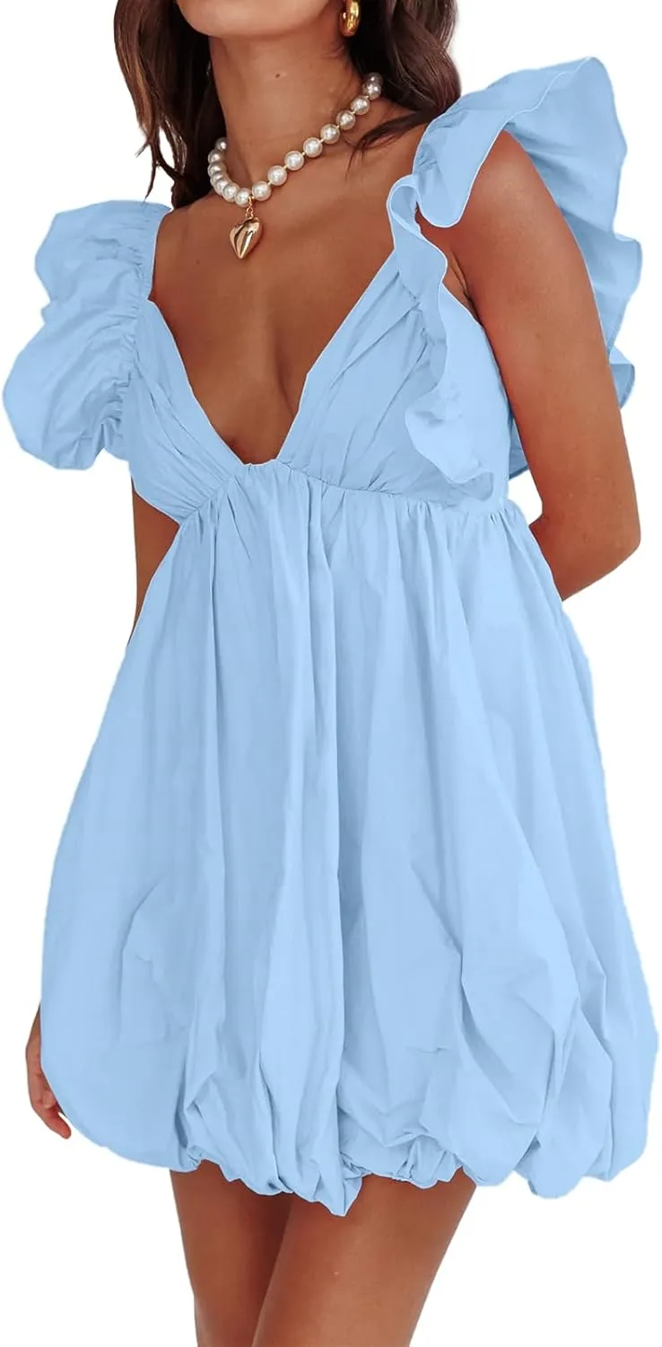 hibshaby Summer Mini Dress Deep V-Neck Babydoll Dress Bubble Dress Backless Lace Up Sexy Short Dress