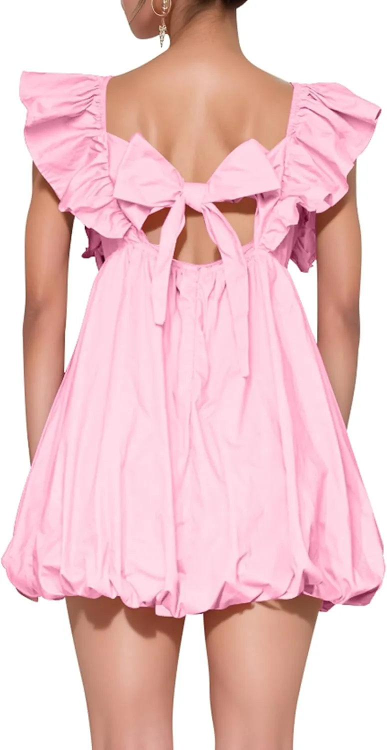 hibshaby Summer Mini Dress Deep V-Neck Babydoll Dress Bubble Dress Backless Lace Up Sexy Short Dress