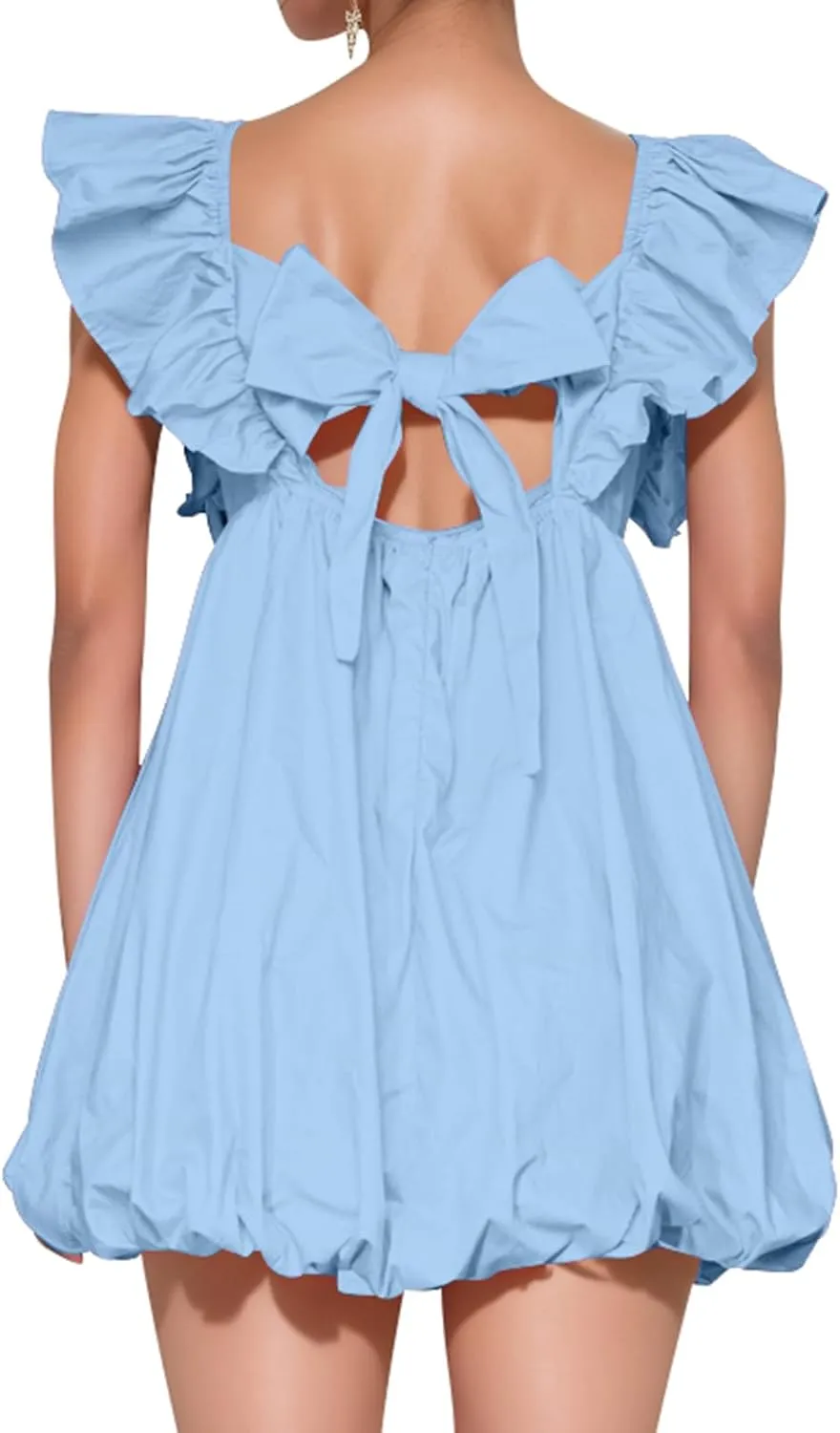 hibshaby Summer Mini Dress Deep V-Neck Babydoll Dress Bubble Dress Backless Lace Up Sexy Short Dress