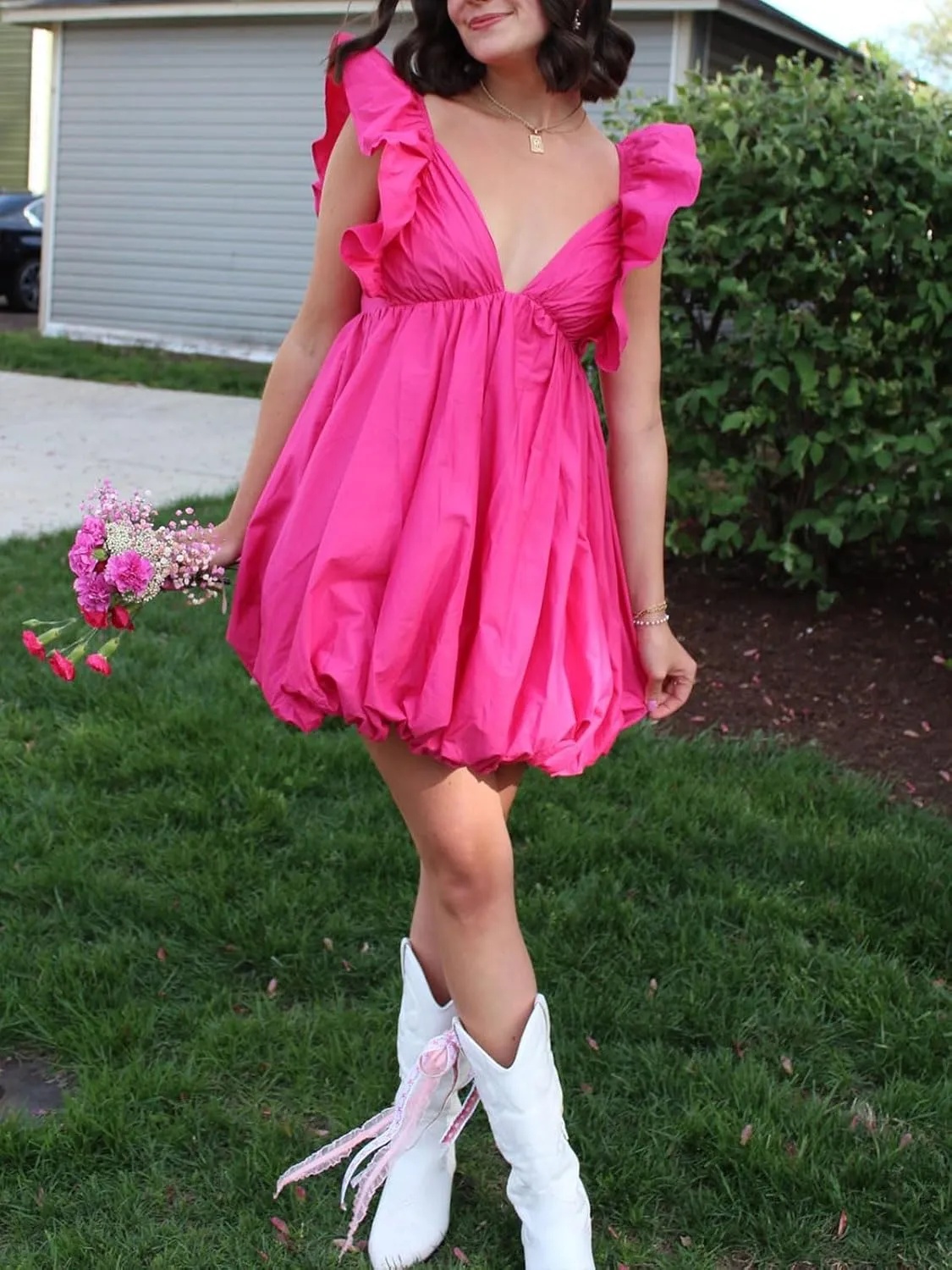 hibshaby Summer Mini Dress Deep V-Neck Babydoll Dress Bubble Dress Backless Lace Up Sexy Short Dress