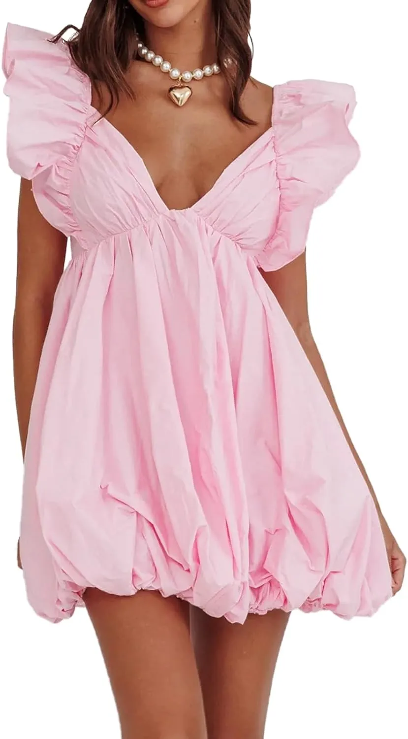 hibshaby Summer Mini Dress Deep V-Neck Babydoll Dress Bubble Dress Backless Lace Up Sexy Short Dress