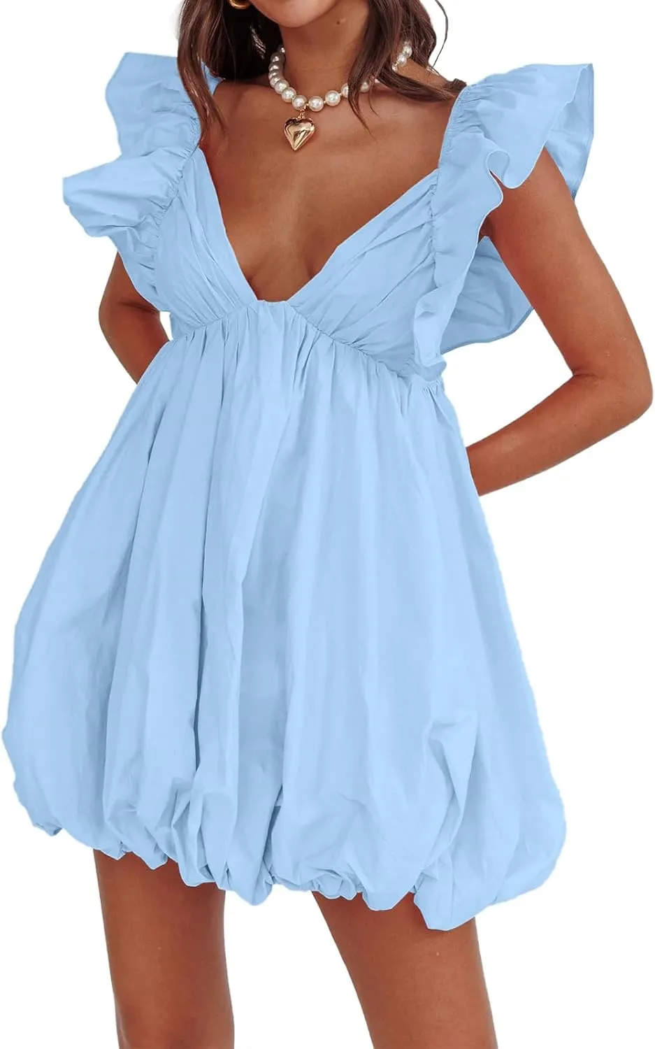 hibshaby Summer Mini Dress Deep V-Neck Babydoll Dress Bubble Dress Backless Lace Up Sexy Short Dress