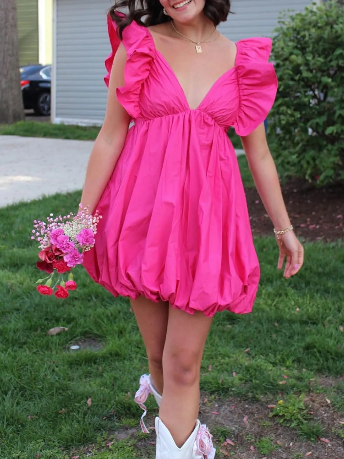 hibshaby Summer Mini Dress Deep V-Neck Babydoll Dress Bubble Dress Backless Lace Up Sexy Short Dress