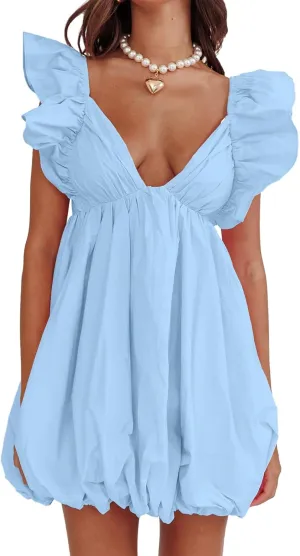 hibshaby Summer Mini Dress Deep V-Neck Babydoll Dress Bubble Dress Backless Lace Up Sexy Short Dress