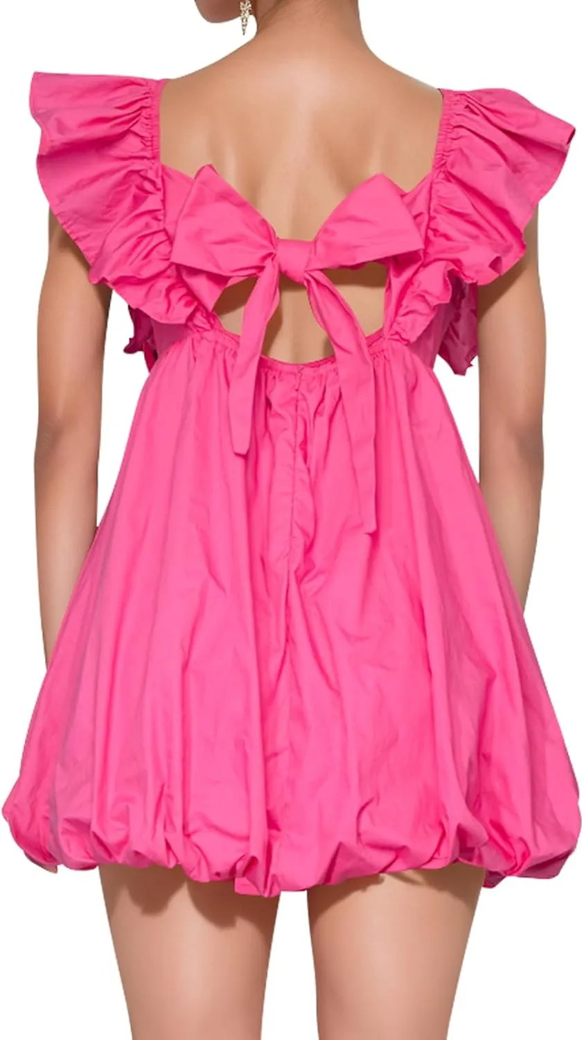 hibshaby Summer Mini Dress Deep V-Neck Babydoll Dress Bubble Dress Backless Lace Up Sexy Short Dress