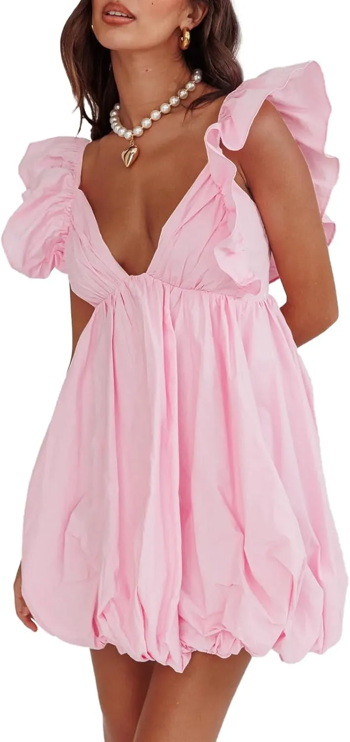 hibshaby Summer Mini Dress Deep V-Neck Babydoll Dress Bubble Dress Backless Lace Up Sexy Short Dress