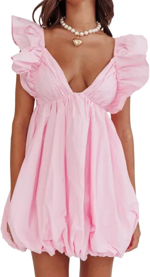 hibshaby Summer Mini Dress Deep V-Neck Babydoll Dress Bubble Dress Backless Lace Up Sexy Short Dress
