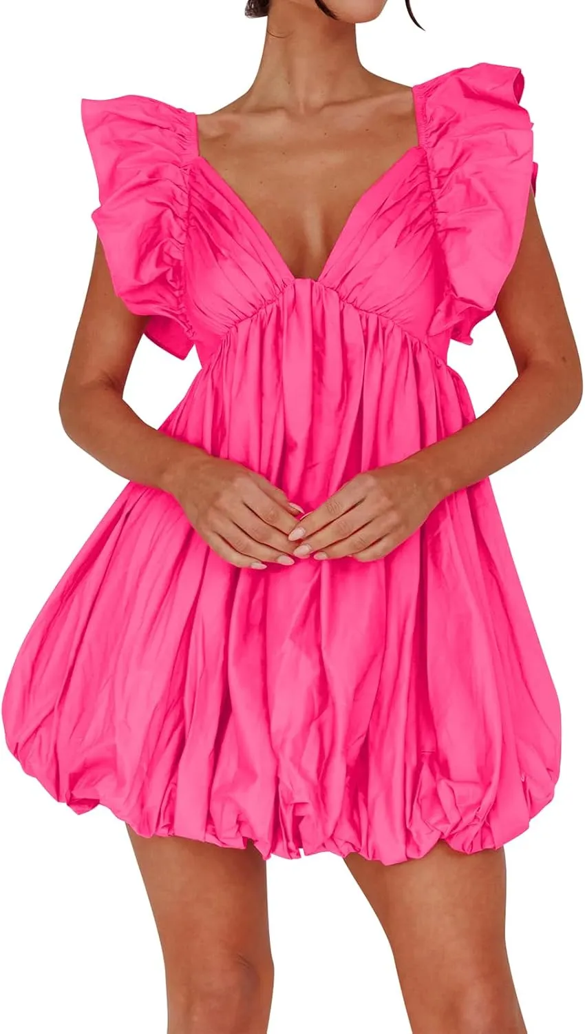 hibshaby Summer Mini Dress Deep V-Neck Babydoll Dress Bubble Dress Backless Lace Up Sexy Short Dress