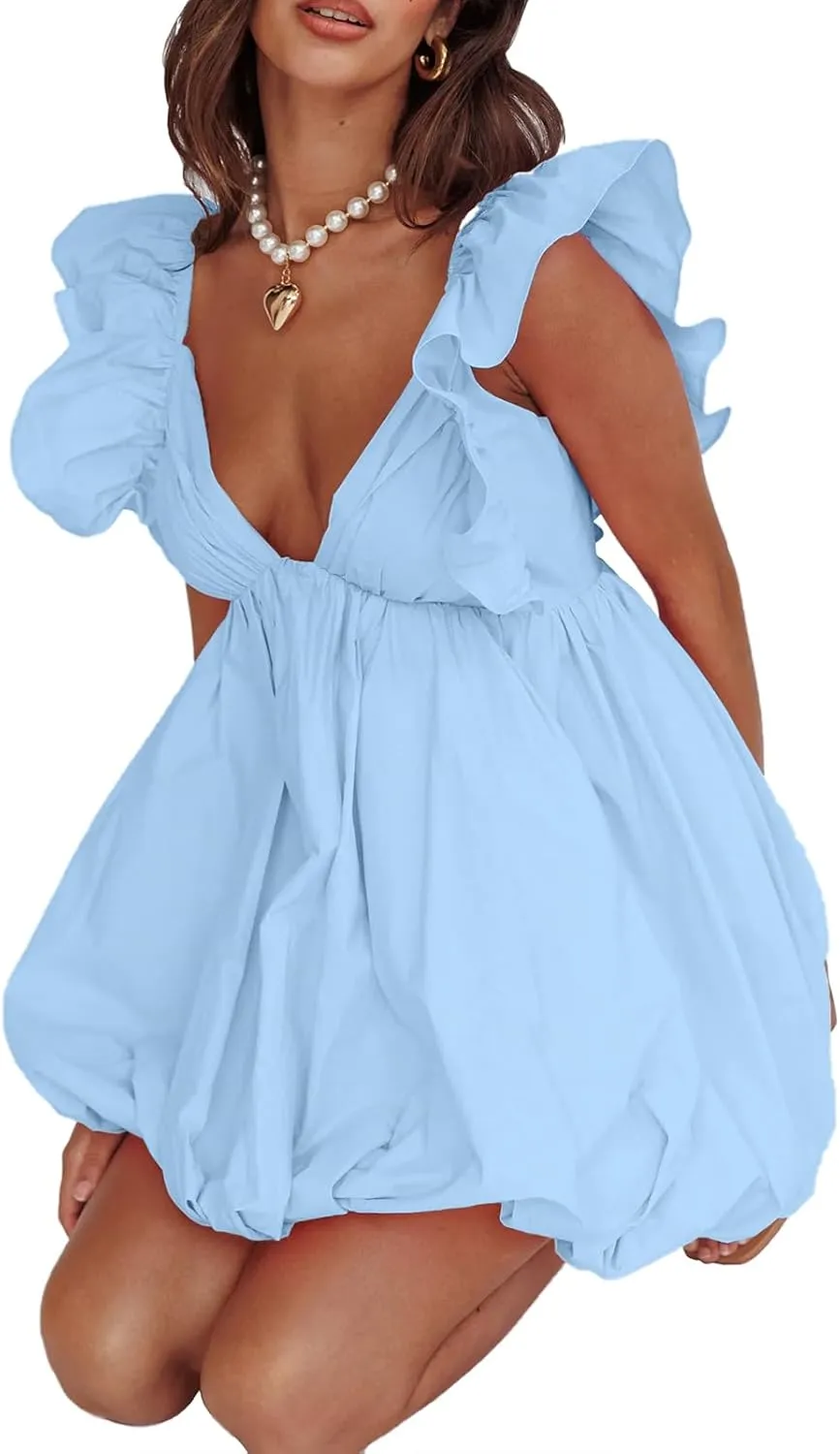 hibshaby Summer Mini Dress Deep V-Neck Babydoll Dress Bubble Dress Backless Lace Up Sexy Short Dress