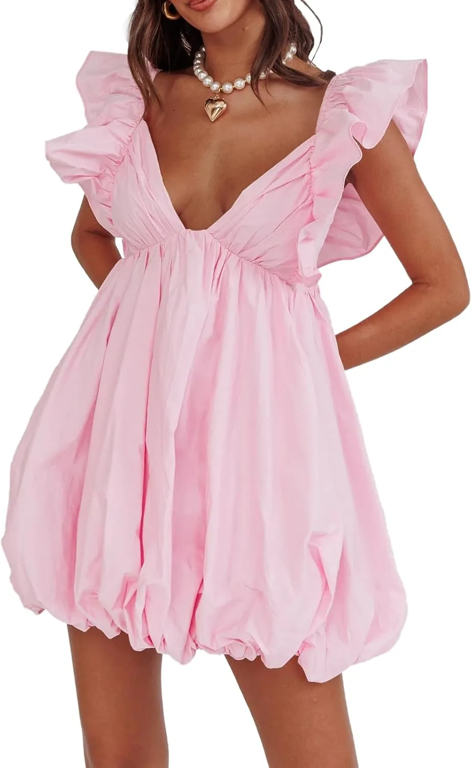 hibshaby Summer Mini Dress Deep V-Neck Babydoll Dress Bubble Dress Backless Lace Up Sexy Short Dress