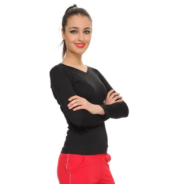 HiFlyers Women Full Sleevs T-Shirts V Neck Black