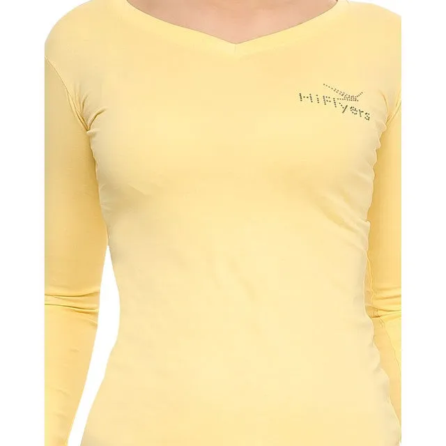 HiFlyers Women Full Sleevs T-Shirts V Neck Yellow