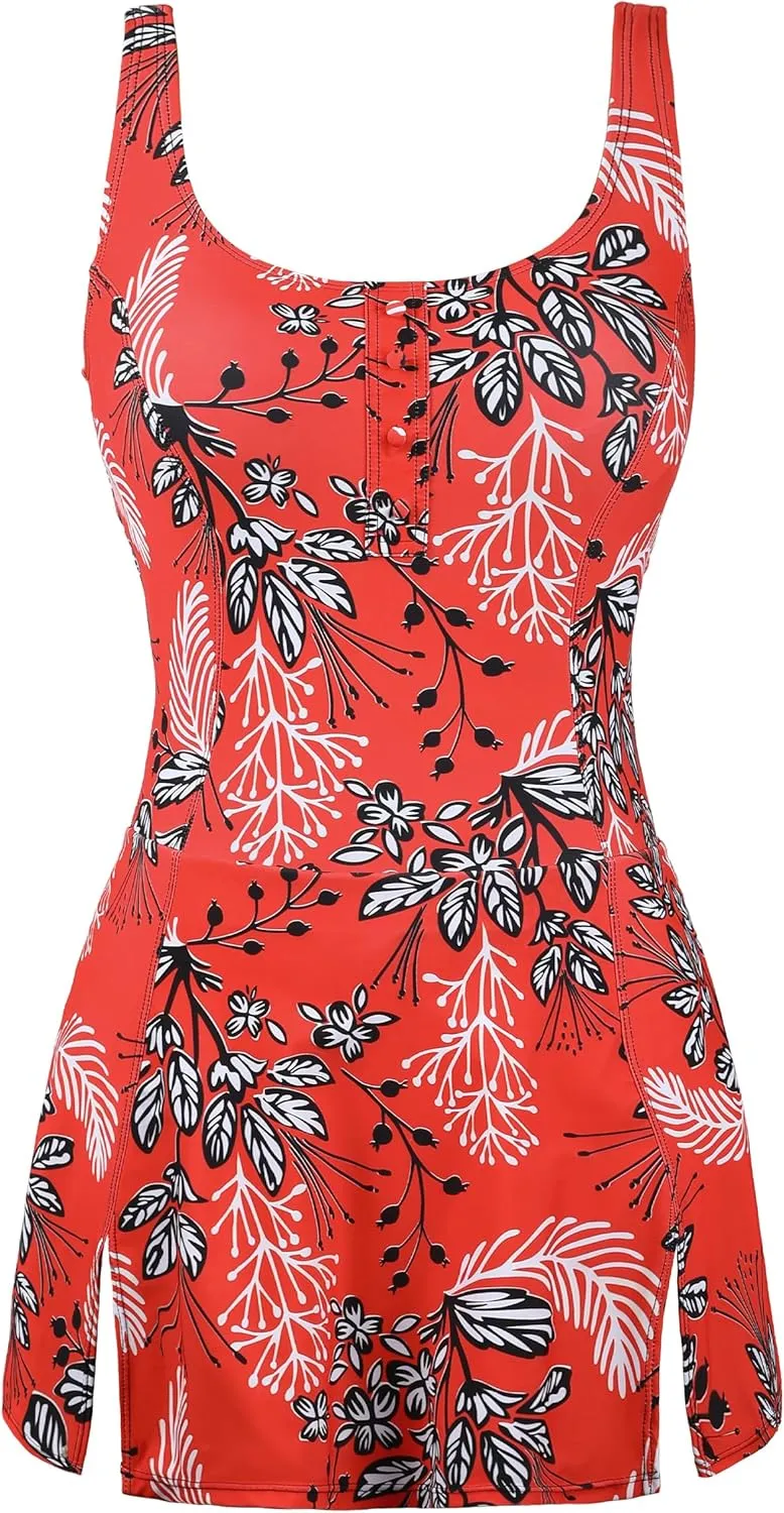 Hilor Women's One Piece Swimdress Tummy Control Swimsuits Skirted Bathing Suits Slimming Swim Dress