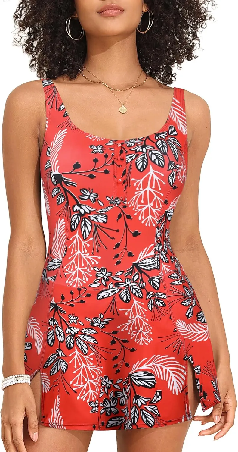Hilor Women's One Piece Swimdress Tummy Control Swimsuits Skirted Bathing Suits Slimming Swim Dress