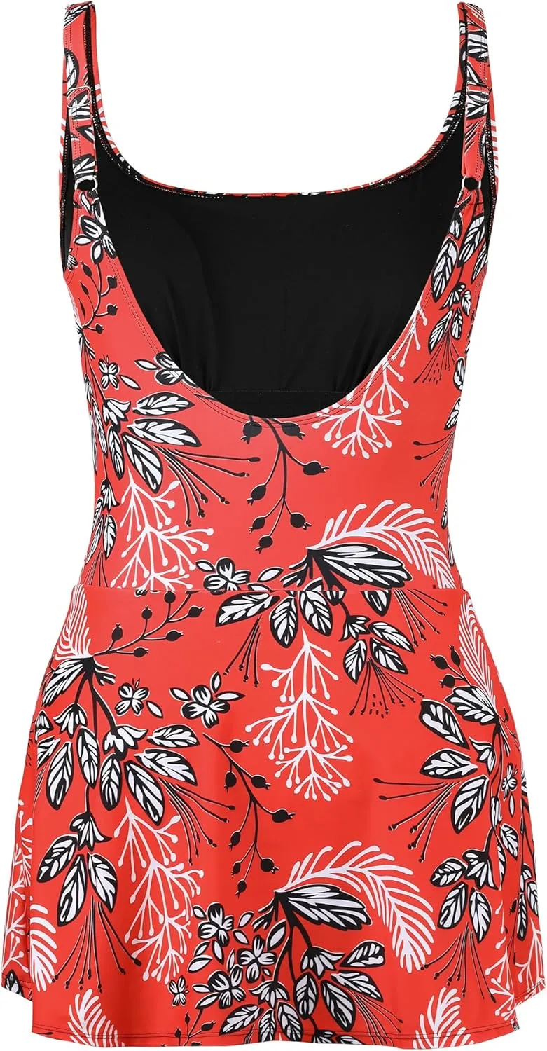 Hilor Women's One Piece Swimdress Tummy Control Swimsuits Skirted Bathing Suits Slimming Swim Dress