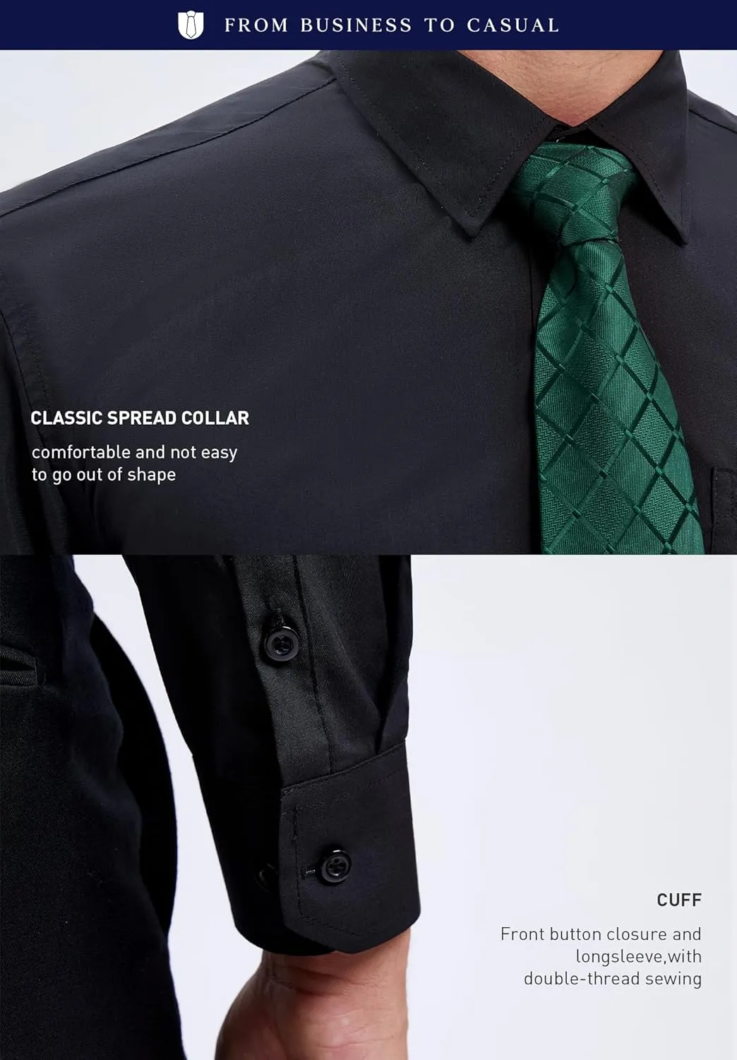 HISDERN Mens Dress Shirt with Tie Pocket Square Set Classic Button Down Shirt Matching Tie Long Sleeve Shirts