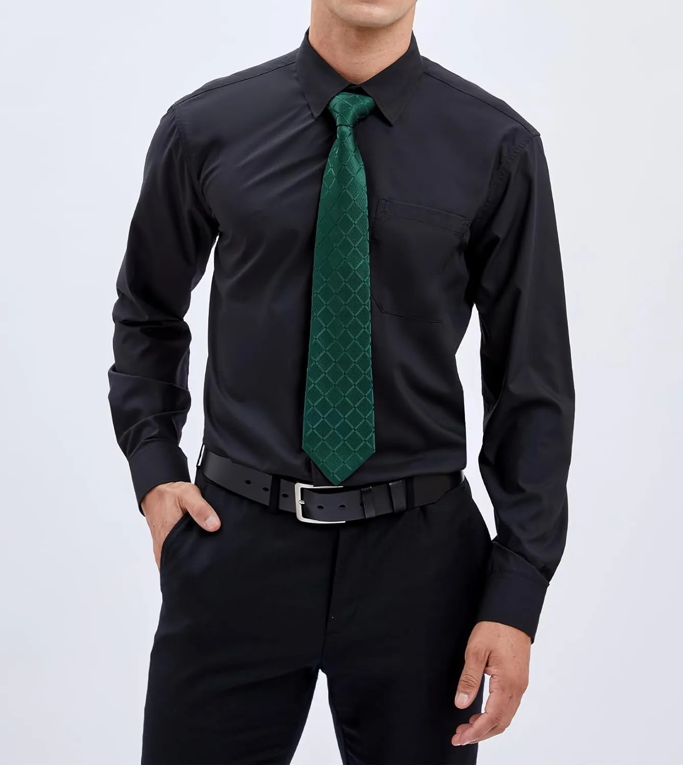 HISDERN Mens Dress Shirt with Tie Pocket Square Set Classic Button Down Shirt Matching Tie Long Sleeve Shirts