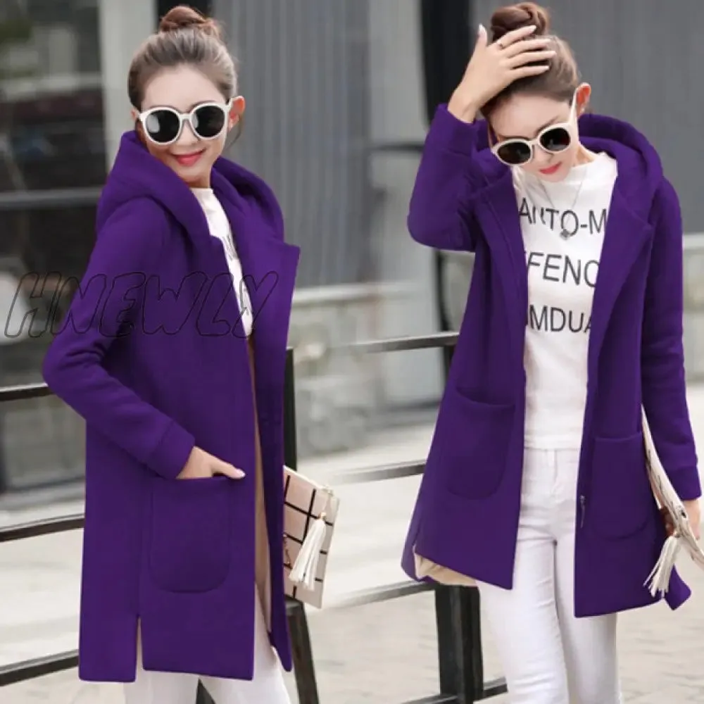 Hnewly Autumn Winter Women's Fleece Jacket Coats Female Long Hooded Coats Outerwear Warm Thick Female Red Slim Fit Hoodies Jackets