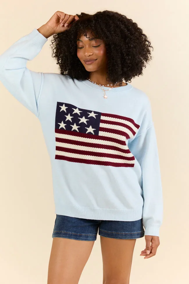Home Of The Free Light Blue Textured Flag Sweater