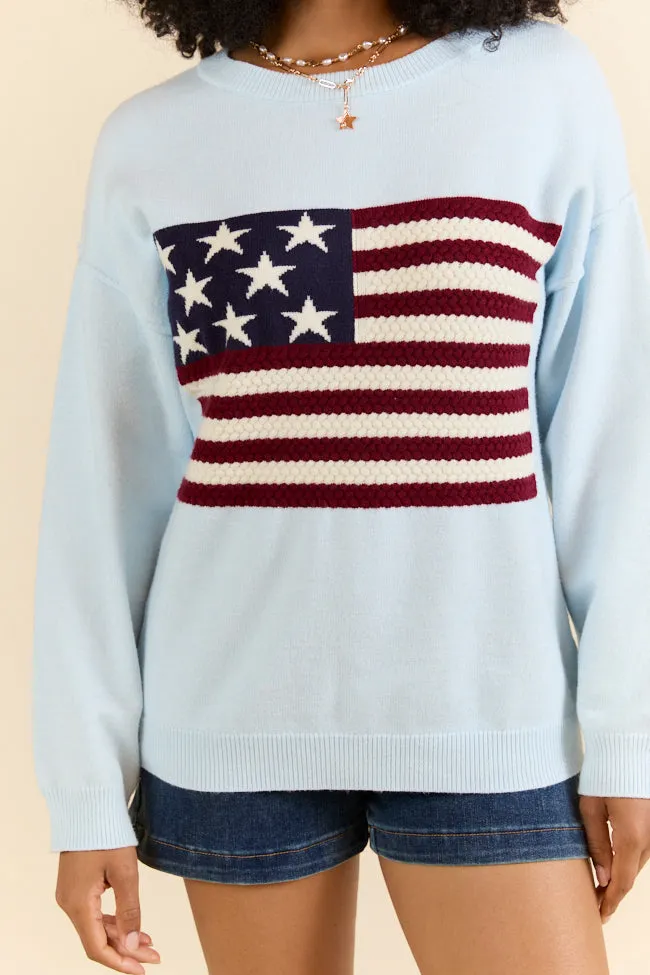 Home Of The Free Light Blue Textured Flag Sweater