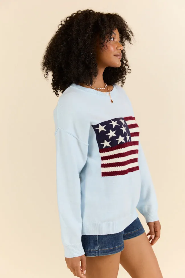 Home Of The Free Light Blue Textured Flag Sweater
