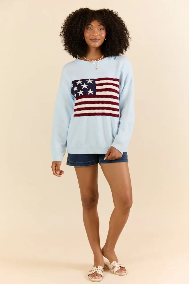 Home Of The Free Light Blue Textured Flag Sweater