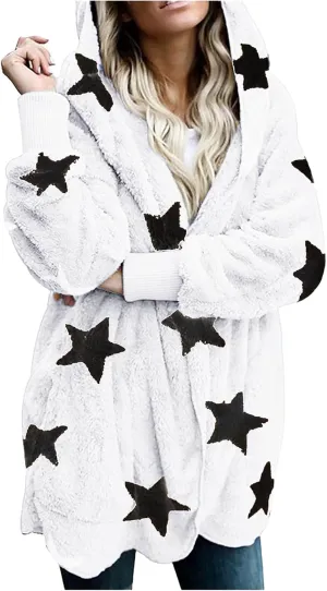 Hoodie Sweatshirt Women's Casual Stars Pockets Oversized Faux Fur-Fuzzy Hooded Outerwear Coat (White-1, S)