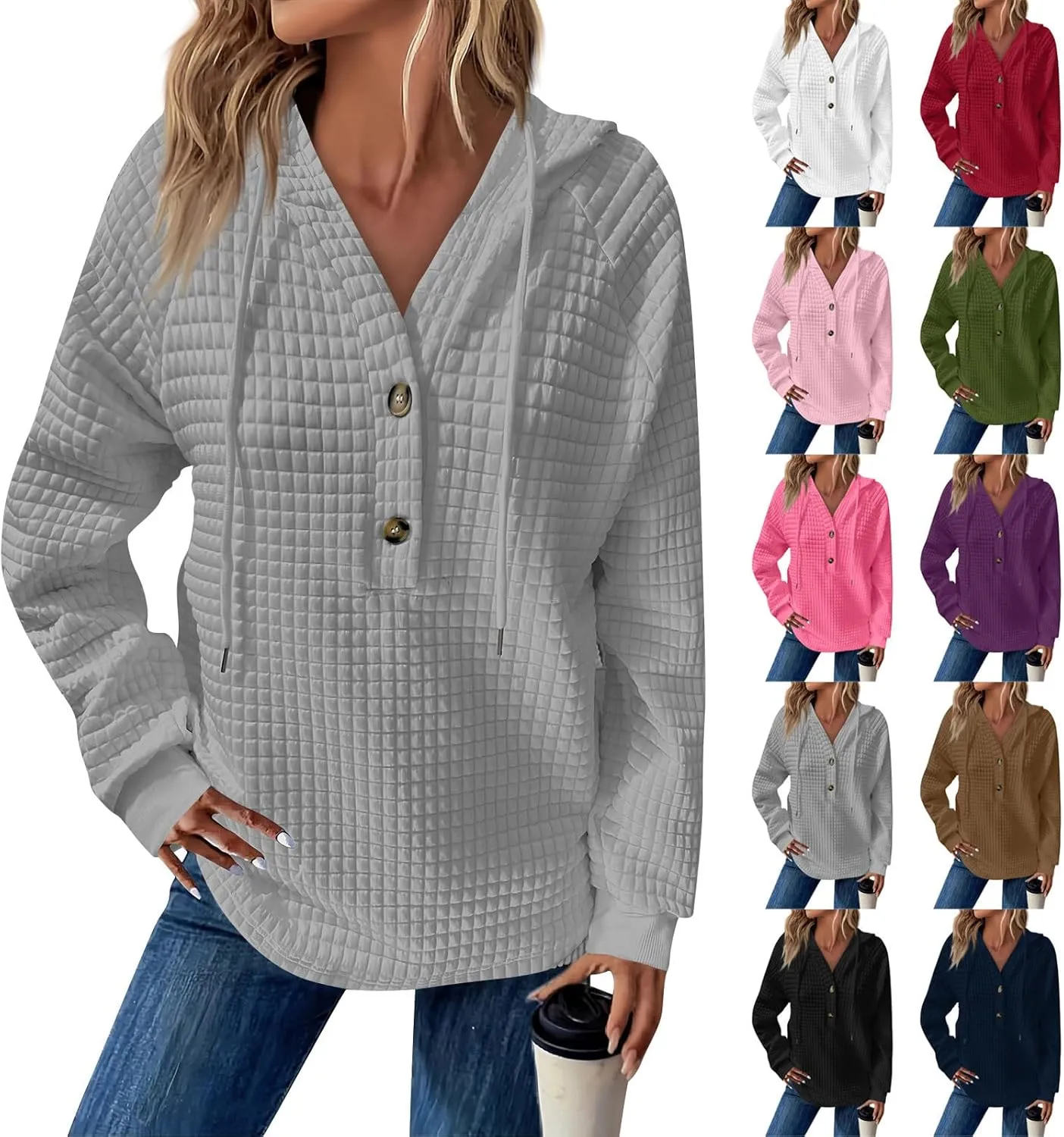 Hoodies For Women Waffle Knit Long Sleeve Shirts Drawstring Button V Neck Tops Fall Loose Fit Pullover Sweatshirt