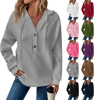 Hoodies For Women Waffle Knit Long Sleeve Shirts Drawstring Button V Neck Tops Fall Loose Fit Pullover Sweatshirt