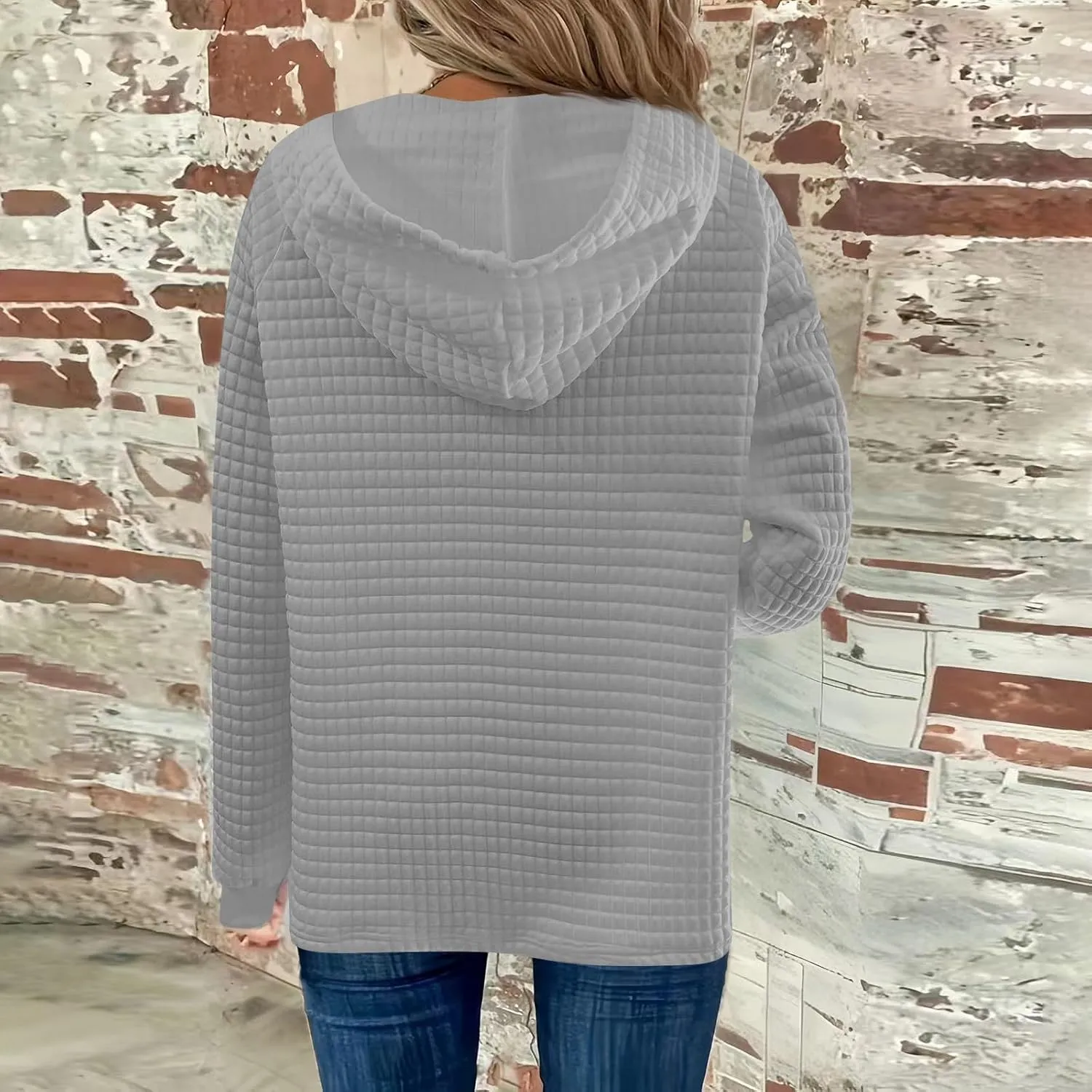 Hoodies For Women Waffle Knit Long Sleeve Shirts Drawstring Button V Neck Tops Fall Loose Fit Pullover Sweatshirt