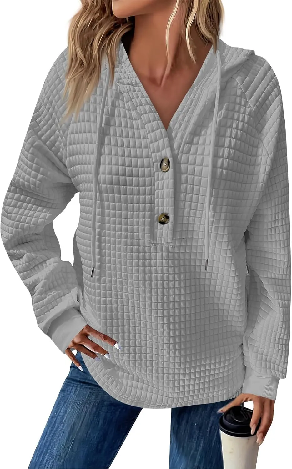 Hoodies For Women Waffle Knit Long Sleeve Shirts Drawstring Button V Neck Tops Fall Loose Fit Pullover Sweatshirt