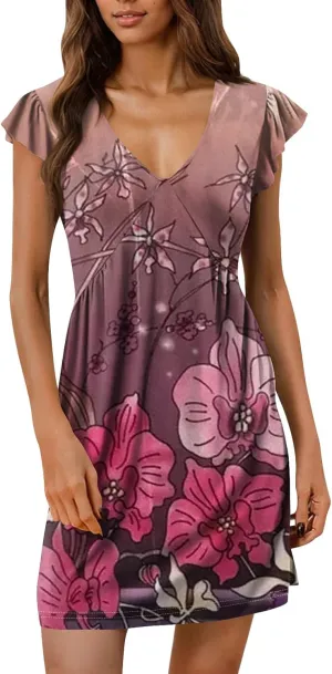 House Dresses for Women Floral Deep V Neck Flowy Western Mini Dress House Ruffle Cap Sleeve Casual Beach Sundresses