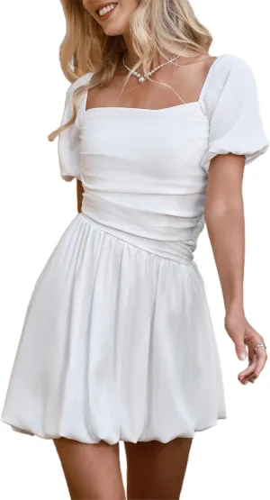 HYPERFIRE Women's Square Neck Short Puff Sleeve Bubble Dress Smocked Ruched Dresses Casual Wear