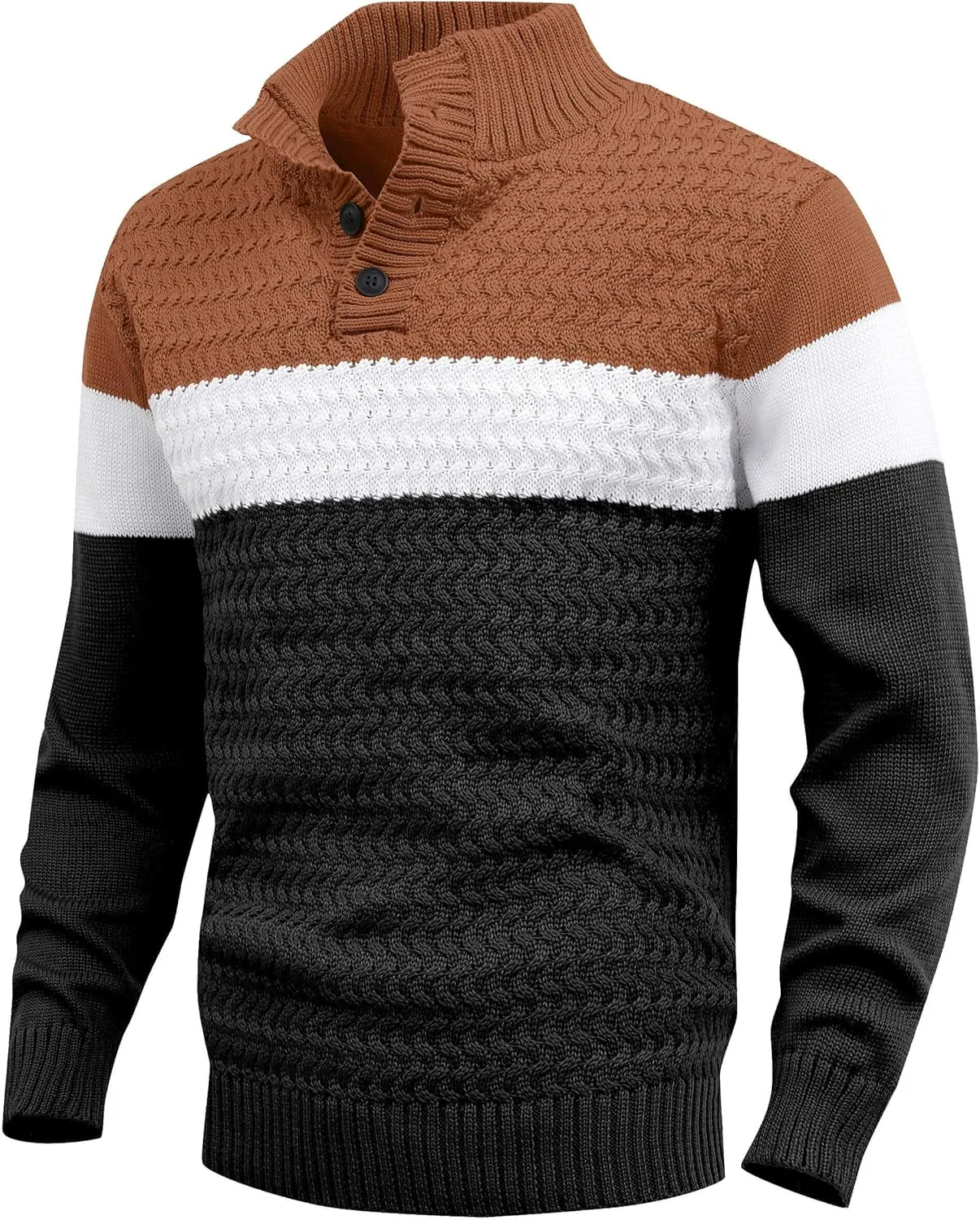 HYPESTFIT Men's Tri-Button Pullover Sweater Mock Neck Lightweight Casual Fashion Knitted Henley Sweater
