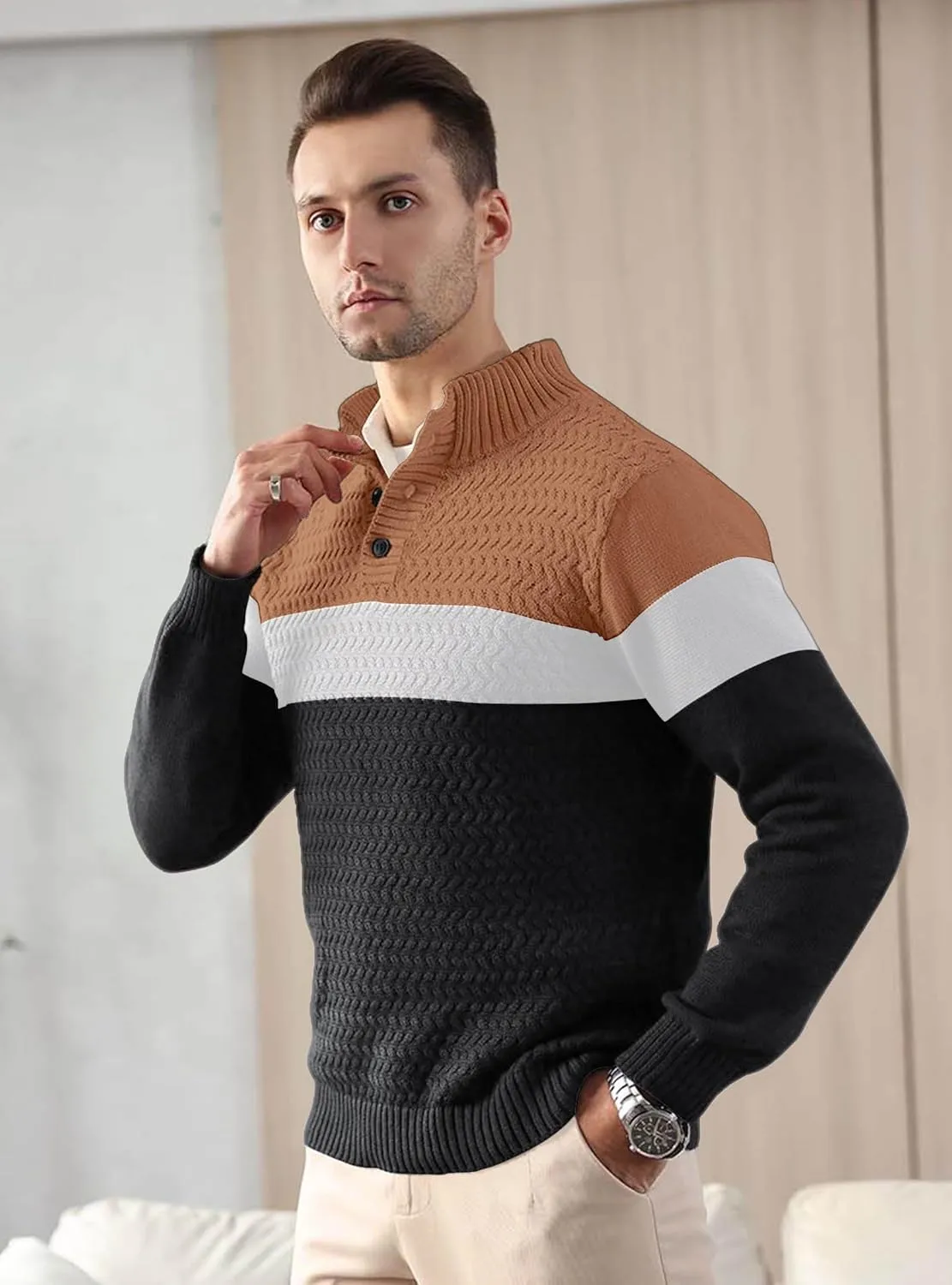 HYPESTFIT Men's Tri-Button Pullover Sweater Mock Neck Lightweight Casual Fashion Knitted Henley Sweater