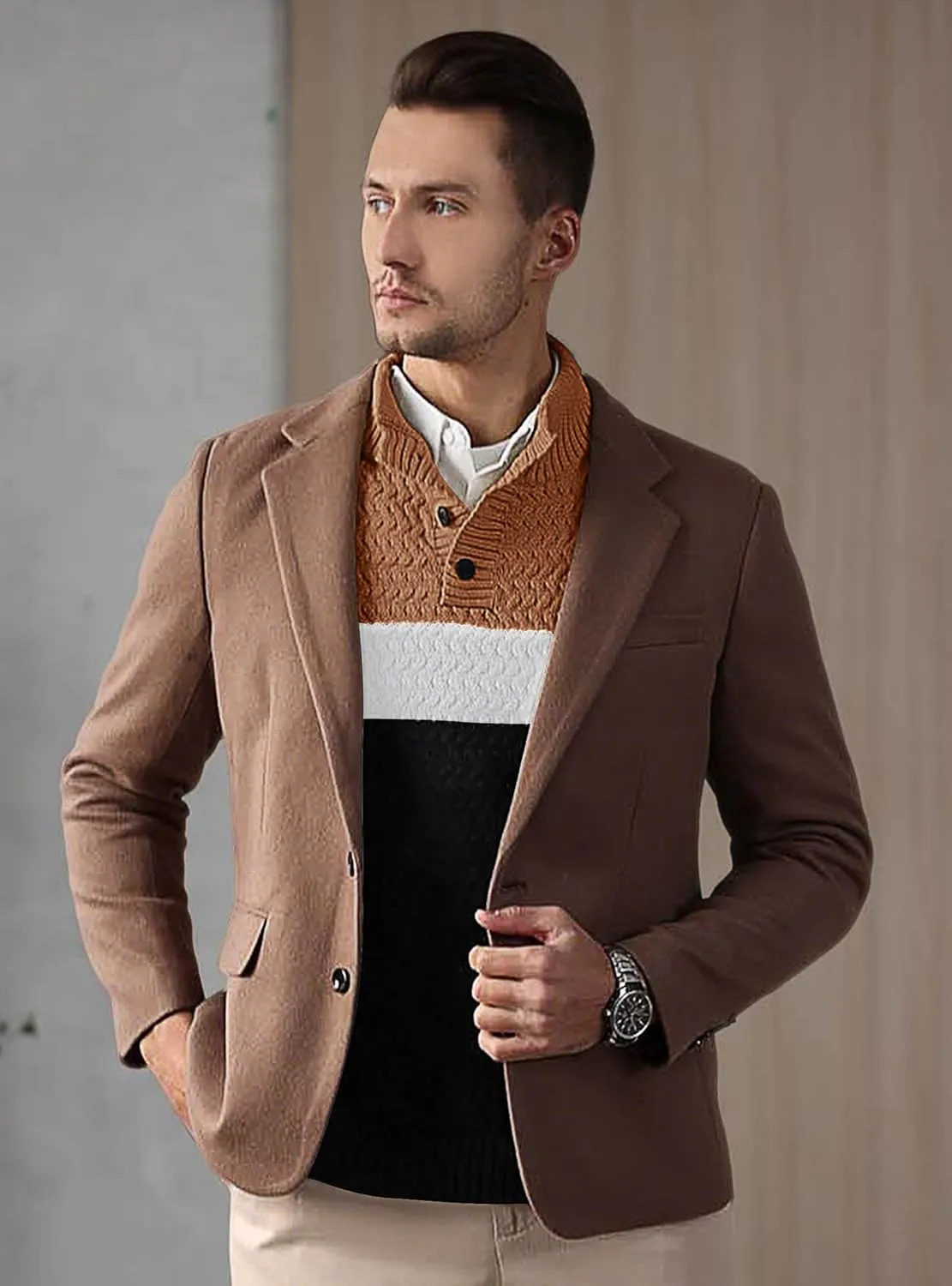 HYPESTFIT Men's Tri-Button Pullover Sweater Mock Neck Lightweight Casual Fashion Knitted Henley Sweater