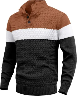 HYPESTFIT Men's Tri-Button Pullover Sweater Mock Neck Lightweight Casual Fashion Knitted Henley Sweater
