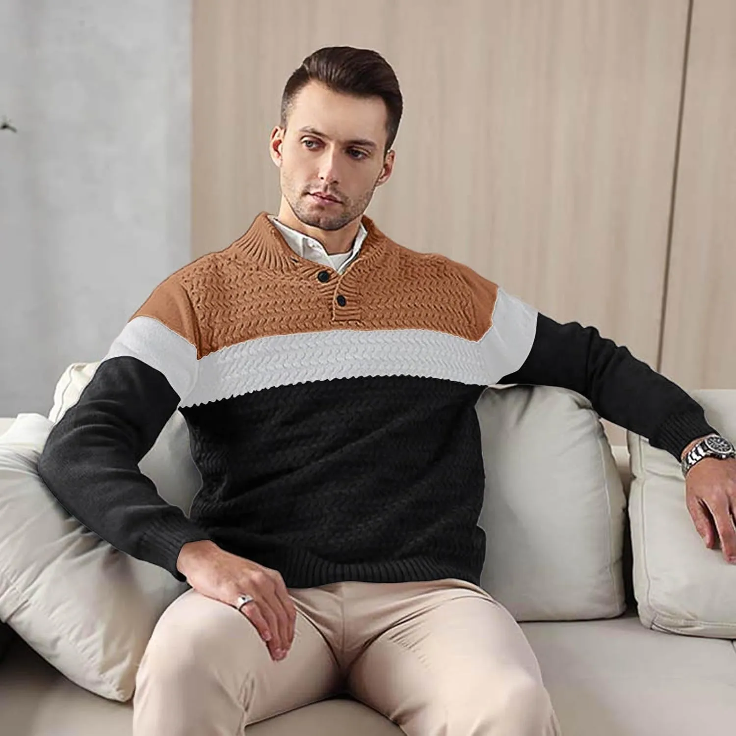 HYPESTFIT Men's Tri-Button Pullover Sweater Mock Neck Lightweight Casual Fashion Knitted Henley Sweater