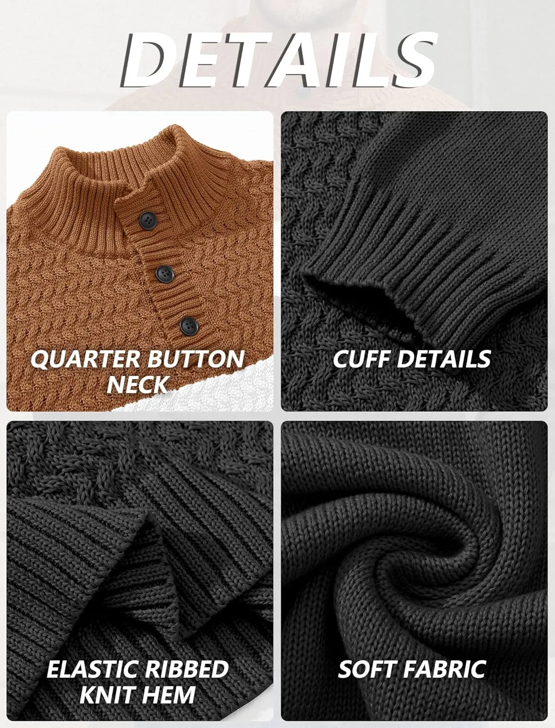 HYPESTFIT Men's Tri-Button Pullover Sweater Mock Neck Lightweight Casual Fashion Knitted Henley Sweater