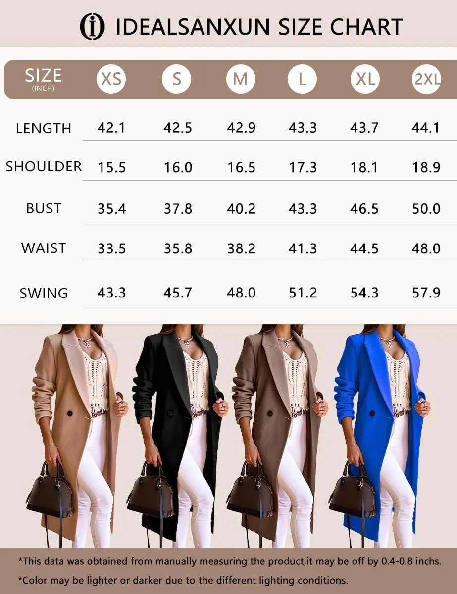 IDEALSANXUN Long Wool Coats for Women Fall Winter Trench Coat Peacoat Double Breasted Blazer Jackets Overcoat