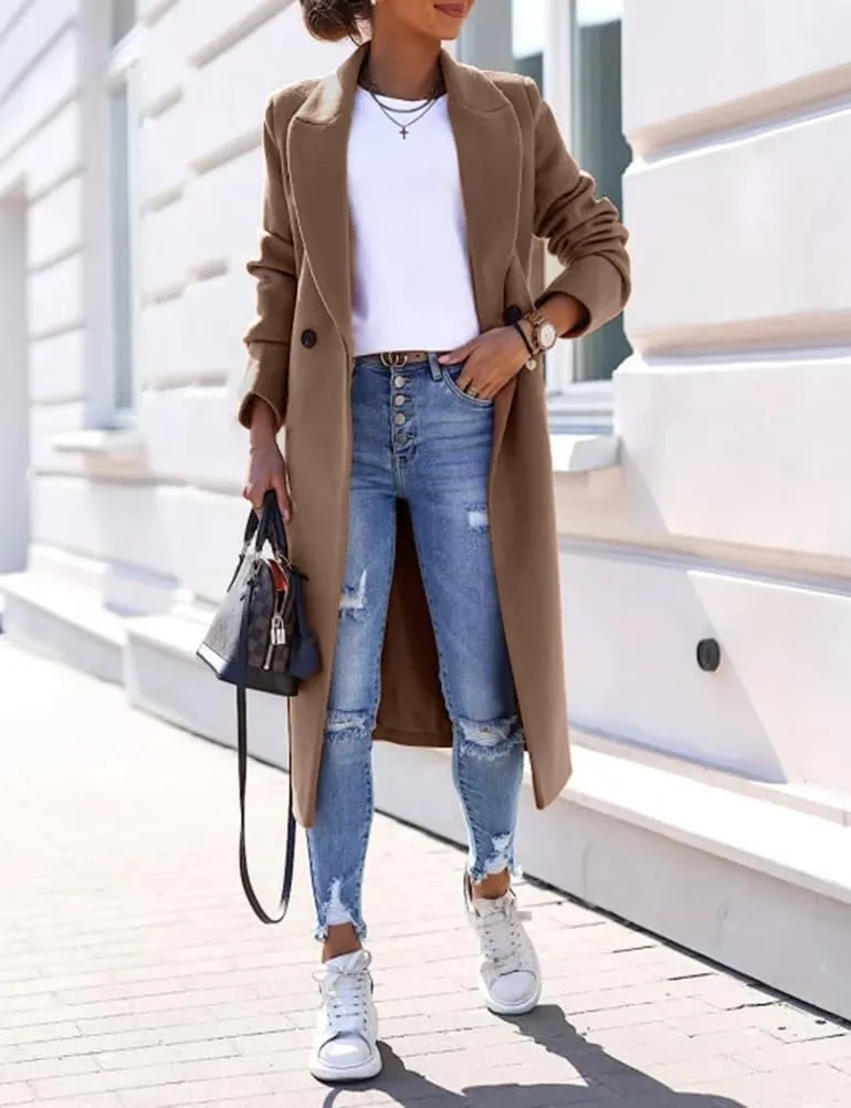 IDEALSANXUN Long Wool Coats for Women Fall Winter Trench Coat Peacoat Double Breasted Blazer Jackets Overcoat