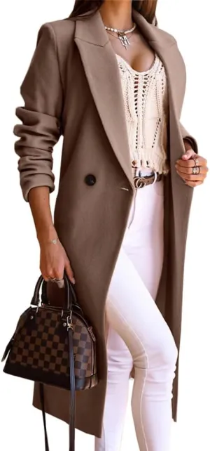 IDEALSANXUN Long Wool Coats for Women Fall Winter Trench Coat Peacoat Double Breasted Blazer Jackets Overcoat
