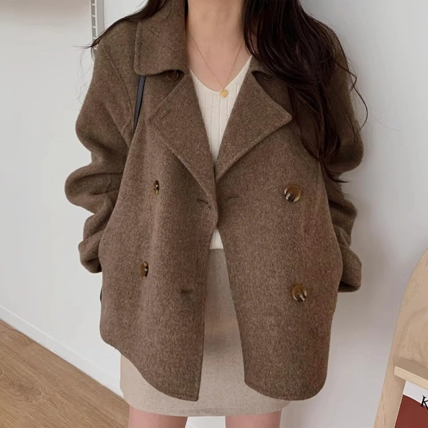 IDEALSANXUN Short Wool Coats for Women 2024 Fall Winter Cropped Trench Coat Pea Coats Tweed Blazer Jacket