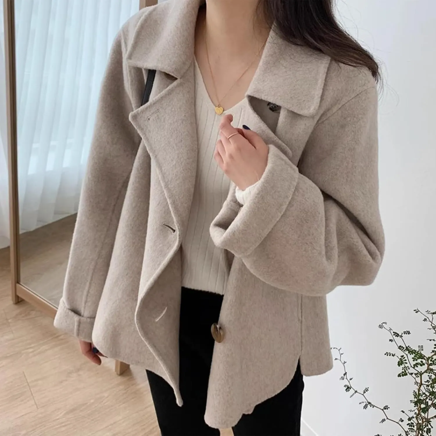 IDEALSANXUN Short Wool Coats for Women 2024 Fall Winter Cropped Trench Coat Pea Coats Tweed Blazer Jacket