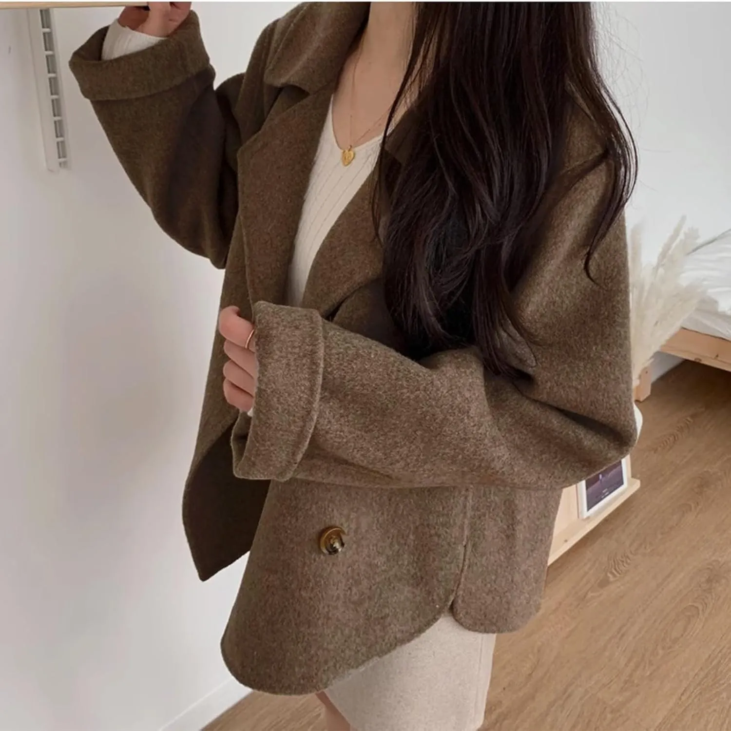 IDEALSANXUN Short Wool Coats for Women 2024 Fall Winter Cropped Trench Coat Pea Coats Tweed Blazer Jacket