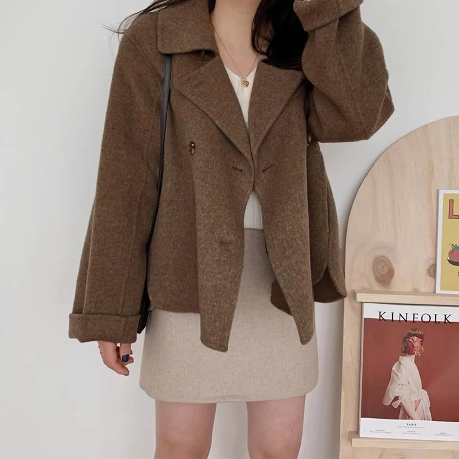 IDEALSANXUN Short Wool Coats for Women 2024 Fall Winter Cropped Trench Coat Pea Coats Tweed Blazer Jacket