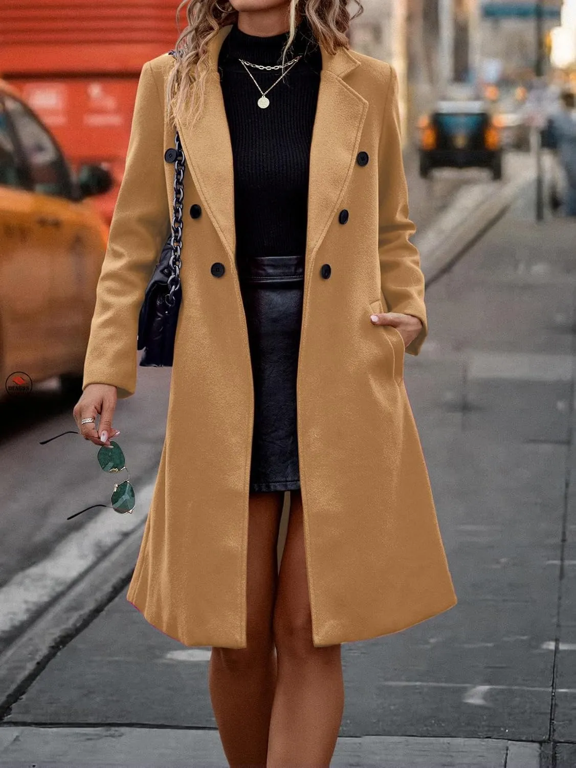 IDEALSANXUN Womens Fall Winter Long Wool Coat Double Breasted Trench Coat Peacoat Jackets