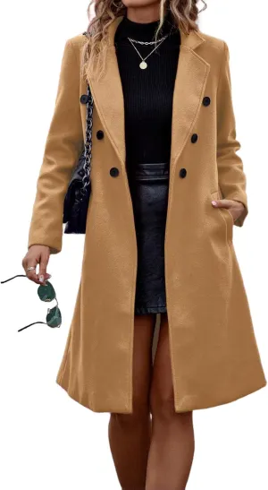 IDEALSANXUN Womens Fall Winter Long Wool Coat Double Breasted Trench Coat Peacoat Jackets